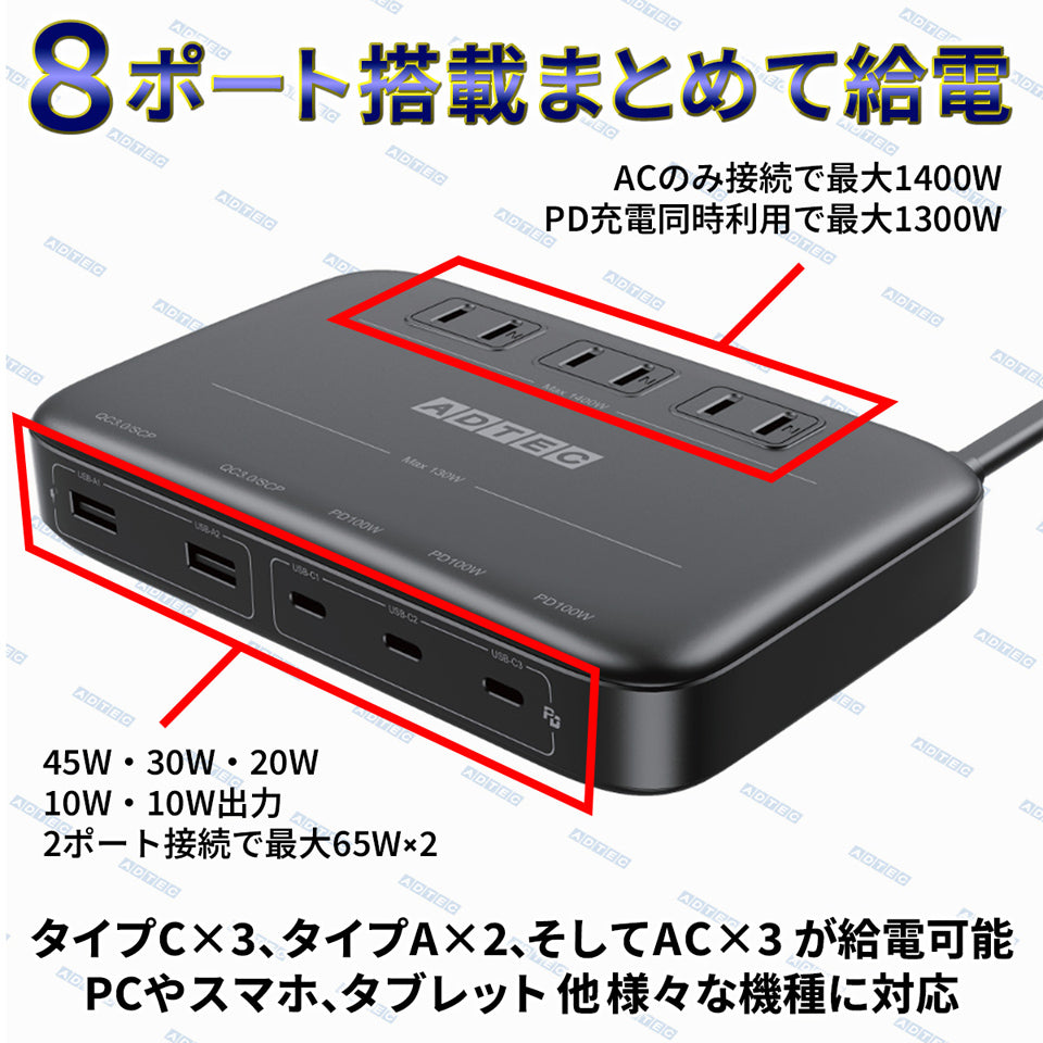 アドテック マルチポート 充電器 130W PD3.0充電器 5ポート(USB-Cx3+USB-Ax2)GaN (窒化ガリウム) 高速充電 ノートパソコン MacBookPro iPhone Android APDT-V130A2C3-BK