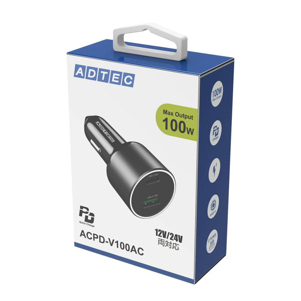 アドテック シガーソケット PD充電器 100W 2ポート 【USB-C+USB-A】カーチャージャー【ACPD-V100AC】