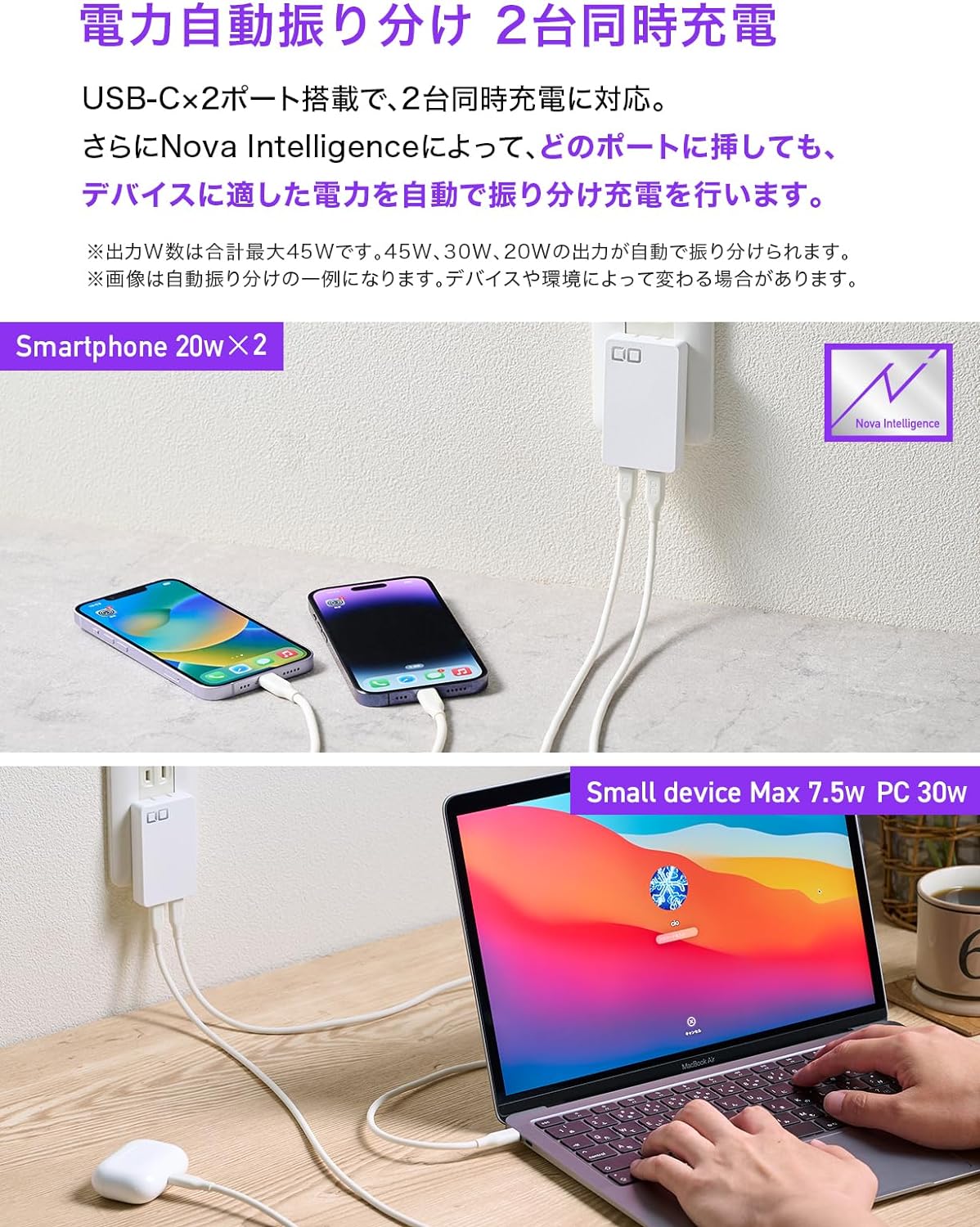 CIO 45W 2ポート 薄型 急速充電器 NovaPort SLIM DUO 45W2C