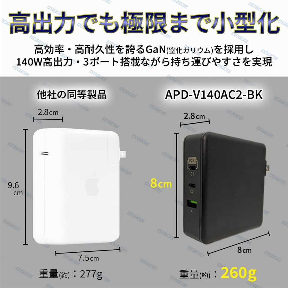 アドテック Power Delivery 3.1対応 PD充電器 140W/AC2/BK ブラック【APD-V140AC2-BK】