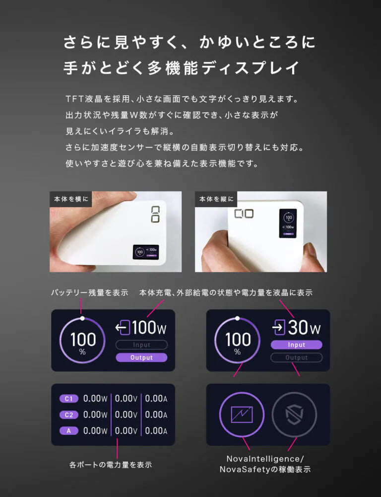 CIO SMARTCOBY Pro CABLE 100W 20K モバイルバッテリー 単ポート100W出力 大容量20000mAh ケーブル内蔵 [脱着式ケーブル] 液晶ディスプレイ付き高出力